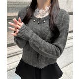 チャコール | パールビジューネックニットカーディガン（薄手） | JUNOAH