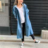 ブルー | フード付きデニムロングジャケット ゆったり ビッグシルエット | JUNOAH