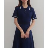 ネイビー | CENEA 薄手配色ラインポロニットワンピース【ペチスカートSET】 | JUNOAH