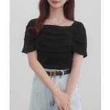 ブラック | CENEA オフショル風スクエアネックドレープリブカットソー | JUNOAH