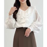ホワイト | CENEA Vネックフレアラッフルブラウス | JUNOAH
