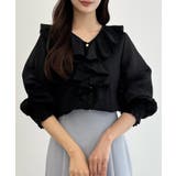 ブラック | CENEA Vネックフレアラッフルブラウス | JUNOAH