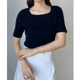 ブラック | Louere スクエアネック半袖リブニット | Louere