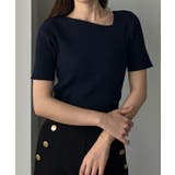 ネイビー | Louere アシメネック半袖リブニット | Louere