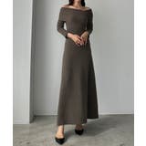 チャコール | Louere アシメネックフレアニットワンピース | Louere