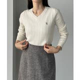 Louere Vネックロゴ刺繍ケーブルニットトップス | Louere | 詳細画像5 