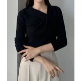 ブラック | Louere ドレープアシメネックニットトップス | Louere