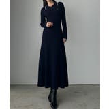 ネイビー | Louere ロゴ刺繍ニットポロフレアワンピース | Louere