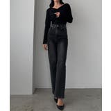 ブラック | Louere ストレッチハイウエストストレートデニムパンツ | Louere