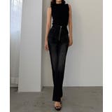 ブラック | Louere ハイウエストファスナーデザインストレッチストレートデニムパンツ | Louere