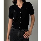 ブラック | Louere キーネックゴールドボタン半袖ニットカーディガン | Louere