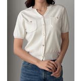 ホワイト | Louere キーネックゴールドボタン半袖ニットカーディガン | Louere