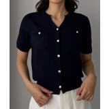 ネイビー | Louere キーネックゴールドボタン半袖ニットカーディガン | Louere