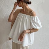 ホワイト | 肩紐デザインオフショルボリュームスリーブブラウス | JUNOAH