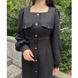 ブラック | 金ボタン薄手ツイードタイトワンピース | JUNOAH