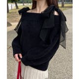 ブラック | チュールリボンオフショルシャギーニット | JUNOAH