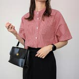 レッド | 半袖バンドカラーストライプオーバーシャツ | JUNOAH