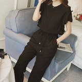 ブラック | フレンチスリーブフリルセットアップ 韓国ファッション | JUNOAH