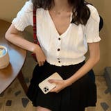 ホワイト | キャンディスリーブVネックボタンニットトップス 韓国ファッション | JUNOAH