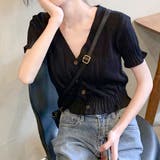 ブラック | キャンディスリーブVネックボタンニットトップス 韓国ファッション | JUNOAH