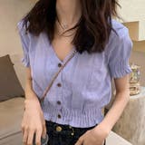 パープル | キャンディスリーブVネックボタンニットトップス 韓国ファッション | JUNOAH