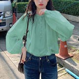 グリーン | フロントボタンクルーネックブラウス 韓国ファッション 春 | JUNOAH