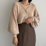 ピンクベージュ | Louere パフスリーブショートニットカーディガン | Louere