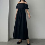 ブラック | 【ペチスカートset】オフショルボリュームフレアワンピース | Louere