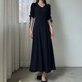 ブラック | Louere 楊柳ギャザースリーブVネックワンピース【ペチスカートセット】 | Louere