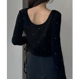 ブラック | Louere ラインストーンドロストTシャツ | Louere