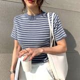 ブルー | ボーダー半袖ニットソー レディース トップス春服 | Dewlily