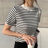 ホワイト | ボーダー半袖ニットソー レディース トップス春服 | Dewlily