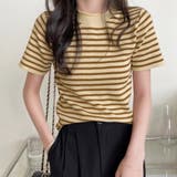 イエロー | ボーダー半袖ニットソー レディース トップス春服 | Dewlily