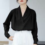 ブラック | Vネックシンプル長袖シャツ レディース トップス | Dewlily