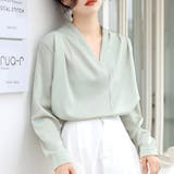 グリーン | Vネックシンプル長袖シャツ レディース トップス | Dewlily