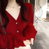 レッド | Vネックカーディガン 秋 冬 | Dewlily