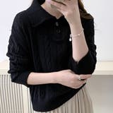 ブラック | ケーブル編みポロシャツ風ニット レディース 10代 | Dewlily