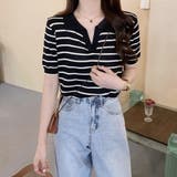 スキッパーボーダー半袖ニット レディース 10代 | Dewlily | 詳細画像12 