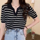 ブラック | スキッパーボーダー半袖ニット レディース 10代 | Dewlily