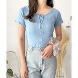 ブルー | リボン付きショートニットトップス レディース 半袖 | Dewlily