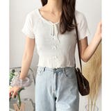 ホワイト | リボン付きショートニットトップス レディース 半袖 | Dewlily