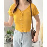 イエロー | リボン付きショートニットトップス レディース 半袖 | Dewlily