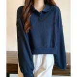 ネイビー | ショート丈ワッフル風ポロプルオーバー 韓国 レディース | Dewlily