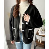 配色ラインノーカラーコート レディース 秋冬 | Dewlily | 詳細画像4 