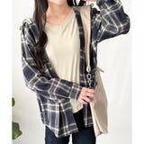 ネイビー | レイヤード風フード付きチェックシャツ レディース 長袖 | Dewlily