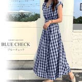 ブルーチェック | ウエストマークフレンチスリーブロングワンピース カジュアル シンプル | Amulet