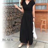 ブラック | ウエストマークフレンチスリーブロングワンピース カジュアル シンプル | Amulet