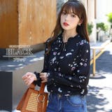 ブラック | 花柄ネックリボンブラウス シンプル 長袖 | Amulet