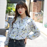 ブルー | 花柄ネックリボンブラウス シンプル 長袖 | Amulet