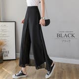 ブラック | シースルーワイドパンツ 脚長効果 綺麗 シンプル ゆったり スリット  大人 | Amulet
